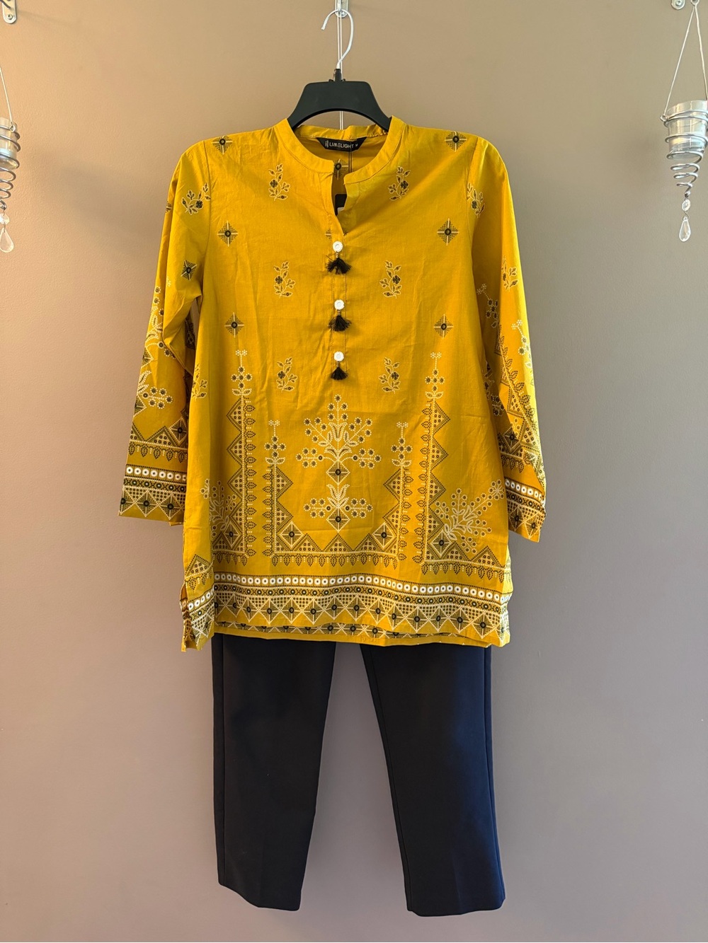 Lightweight Summer Mustard Yellow Kurti w/Tassel & Mirror Accent / Tunic / Lawn